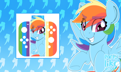 Size: 3978x2373 | Tagged: safe, artist:partylikeanartist, derpibooru import, rainbow dash, pegasus, pony, controller, gradient background, joycon, nintendo, nintendo switch, simple background, solo, switch, wingding eyes