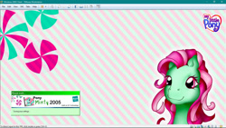 Size: 1366x768 | Tagged: safe, artist:prettywitchdoremi, artist:raka-chanrio, derpibooru import, edit, minty, g3, cutie mark, hasbro logo, logoff process, microsoft, text, virtual machine, vmware workstation, wallpaper, windows, windows 2000