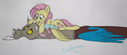 Size: 1024x447 | Tagged: safe, artist:sirskipper, discord, fluttershy, pegasus, pony, discoshy, eye contact, looking at each other, lying down, male, prone, shipping, simple background, straight, traditional art