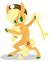 Size: 908x1133 | Tagged: safe, artist:jellybeanbullet, applejack, earth pony, pony, bipedal, hoof polish, key of honesty, keyblade, kingdom hearts, simple background, solo, weapon, white background