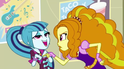 Size: 2560x1440 | Tagged: safe, screencap, adagio dazzle, sonata dusk, equestria girls, rainbow rocks, gem, great moments in animation, hand on hip, pointing, siren gem, taco tuesday