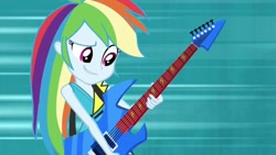 Size: 1280x720 | Tagged: safe, derpibooru import, screencap, rainbow dash, equestria girls, rainbow rocks, clothes, female, guitar, musical instrument, sliding background, solo