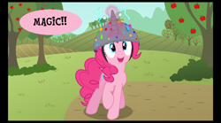 Size: 1250x693 | Tagged: safe, artist:psyxofthoros, edit, pinkie pie, earth pony, pony, artificial horn, artificial unicorn, comic, cropped, magic, solo, the unic-o-tronic 1000!, xk-class end-of-the-world scenario