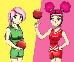 Size: 1600x1340 | Tagged: safe, artist:flam3zero, fluttershy, pinkie pie, human, buckball season, ball, buckball, clothes, cute, duo, humanized, midriff, miniskirt, pigtails, pinktails pie, skirt, skirt lift, tanktop