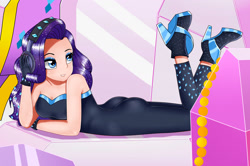 Size: 1968x1304 | Tagged: safe, artist:focusb, rarity, human, better together, equestria girls, the other side, ass, bare shoulders, breasts, cleavage, clothes, fabulous, female, gloves, headphones, high heels, human coloration, humanized, rearity, scene interpretation, sexy, shoes, sleeveless, solo, strapless, stupid sexy rarity