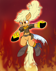 Size: 1280x1629 | Tagged: safe, artist:heir-of-rick, applejack, earth pony, pony, daily apple pony, appleyang, crossover, ember celica, red eyes, rwby, semblance, solo, yang xiao long