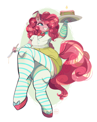 Size: 1280x1597 | Tagged: safe, artist:clockworkquartet, pinkie pie, anthro, unguligrade anthro, clothes, smiling, socks, solo, striped socks, waitress