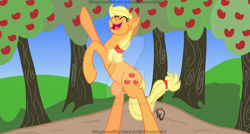 Size: 1024x550 | Tagged: safe, artist:magicandmysterygal, applejack, earth pony, pony, apple, eyes closed, food, solo, standing, tree, watermark