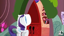 Size: 1920x1080 | Tagged: safe, screencap, rarity, pony, unicorn, fluffle puff tales, golden oaks library, pillow, pillow fight, pomf, solo, watermark