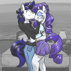 Size: 1200x1200 | Tagged: safe, artist:flutterthrash, rarity, oc, oc:lexus the unicorn, anthro, unicorn, anthro oc, bed, bedroom, canon x oc, clothes, commission, equestria girls outfit, eyes closed, eyeshadow, female, hoodie, kissing, makeup, male, mare, mascara, shipping, stallion, straight