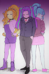 Size: 1404x2129 | Tagged: safe, artist:amazingpuffhair, adagio dazzle, aria blaze, sonata dusk, equestria girls, rainbow rocks, clothes, female, gem, hands in pockets, legs, looking at you, looking back, miniskirt, pants, pigtails, ponytail, shoes, siren gem, skirt, smiling, suit, the dazzlings, trio, trio female, twintails