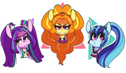 Size: 3239x1879 | Tagged: safe, artist:sourspot, adagio dazzle, aria blaze, sonata dusk, pony, equestria girls, clothes, evil grin, gem, grin, jewel, looking at you, pigtails, ponytail, siren gem, smiling, twintails