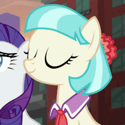 Size: 250x250 | Tagged: safe, screencap, coco pommel, rarity, earth pony, pony, unicorn, made in manehattan, animated, blinking, cocobetes, cropped, cute, eyes closed, female, gif, mare, nodding, party soft, smiling, solo focus