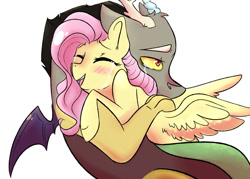 Size: 1024x734 | Tagged: dead source, safe, artist:shiny-cooler, discord, fluttershy, pegasus, pony, blushing, crying, discoshy, hug, shipping