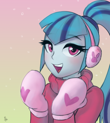 Size: 656x735 | Tagged: safe, artist:ehfa, sonata dusk, equestria girls, clothes, cute, earmuffs, eyebrows visible through hair, gradient background, mittens, open mouth, solo, sonatabetes, sweater, turtleneck, winter outfit