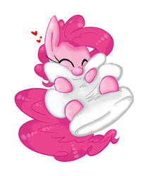 Size: 1584x1883 | Tagged: safe, artist:cupofjavabean, artist:leadhooves, artist:shogundun, pinkie pie, earth pony, pony, biting, cuddling, cute, diapinkes, drawing, eyes closed, heart, pillow, simple background, snuggling, solo, white background