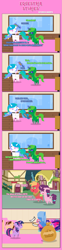 Size: 1205x4879 | Tagged: safe, artist:estories, big macintosh, princess celestia, sugar belle, twilight sparkle, twilight sparkle (alicorn), oc, oc:lime dream, alicorn, ghost, pony, ><, cake, comb, comic, eating, eyes closed, food, glados, magic, necktie, pointy ponies, portal (valve)