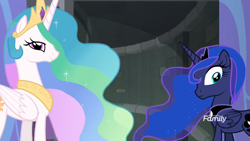 Size: 770x435 | Tagged: safe, screencap, princess celestia, princess luna, alicorn, pony, better together, equestria girls, forgotten friendship, duo, female, looking back, royal sisters, sisters