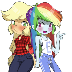 Size: 4976x4962 | Tagged: safe, artist:chibicmps, applejack, rainbow dash, equestria girls, absurd resolution, appledash, blushing, cute, female, holding hands, lesbian, open mouth, plaid shirt, pointing, shipping, simple background, smiling, transparent background