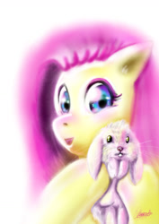 Size: 1024x1448 | Tagged: safe, artist:killerfishy, fluttershy, pegasus, pony, rabbit, cute, holding, looking at you, open mouth, shyabetes, simple background, solo, talking to viewer, white background