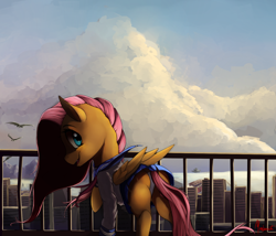 Size: 1400x1200 | Tagged: safe, artist:miokomata, fluttershy, pegasus, pony, city, clothes, flutterbutt, looking back, panties, plot, rooftop, scenery, scenery porn, schoolgirl, skirt, solo, underwear, upskirt