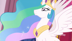 Size: 744x426 | Tagged: safe, screencap, princess celestia, alicorn, pony, better together, equestria girls, forgotten friendship, canterlot castle, castle, celestia is not amused, chestplate, crown, discovery family, discovery family logo, ethereal mane, ethereal tail, female, flowing hair, flowing mane, frown, glare, horn, jewelry, looking at someone, looking down, majestic, multicolored mane, narrowed eyes, peytral, regalia, serious, solo, sparkles, spread wings, stars, stern, throne room, unamused, watermark