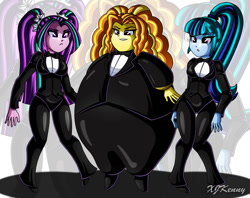 Size: 1000x792 | Tagged: safe, artist:xjkenny, adagio dazzle, aria blaze, sonata dusk, equestria girls, clothes, fancy, inflation, pants, puffed chest, suit, the dazzlings