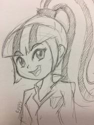 Size: 960x1280 | Tagged: safe, artist:empyu, sonata dusk, equestria girls, 30 minute art challenge, monochrome, sketch, smiling, solo, traditional art