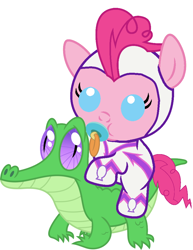 Size: 786x1017 | Tagged: safe, artist:red4567, fili-second, gummy, pinkie pie, pony, power ponies (episode), baby, baby pie, baby pony, cute, diapinkes, pacifier, ponies riding gators, power ponies, riding, weapons-grade cute