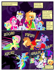Size: 612x792 | Tagged: safe, artist:christhes, derpibooru import, applejack, fluttershy, pinkie pie, prince blueblood, rainbow dash, rarity, twilight sparkle, earth pony, pegasus, pony, unicorn, collaboration, comic:friendship is dragons, alicorn amulet, alternate eye color, angry, blast, bucking, clothes, comic, confused, derp, dialogue, dress, evil grin, eyes closed, female, fight, fog, freckles, frown, gala dress, glare, glass slipper (footwear), glowing horn, grin, hat, high heels, horn, injured, jewelry, laurel wreath, lip bite, looking back, magic, magic beam, magic blast, male, mane six, mare, messy mane, onomatopoeia, scared, shadow, shoes, show accurate, sitting, smiling, stallion, tiara, wide eyes, worried