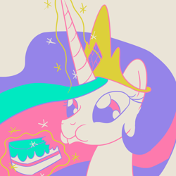 Size: 1280x1280 | Tagged: safe, artist:phat_guy, derpibooru exclusive, princess celestia, alicorn, pony, a slice of too much, bust, cake, cakelestia, eating, female, food, glowing horn, gray background, levitation, limited palette, looking at something, magic, mare, nom, portrait, puffy cheeks, simple background, solo, telekinesis