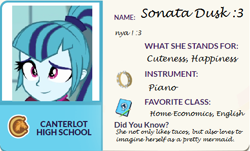 Size: 493x297 | Tagged: safe, artist:horsesplease, sonata dusk, equestria girls, :3, blue, cute, eqg profiles, exploitable meme, food, happiness, happy, meme, nya, shy, smiling, solo, sonatabetes, sonataco, sonyata dusk, taco