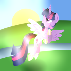 Size: 900x900 | Tagged: safe, artist:miningcazzy, derpibooru import, twilight sparkle, twilight sparkle (alicorn), alicorn, pony, female, flying, mare, solo, sun