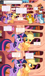 Size: 1280x2168 | Tagged: safe, artist:hakunohamikage, adagio dazzle, applejack, aria blaze, sonata dusk, twilight sparkle, twilight sparkle (alicorn), alicorn, earth pony, pony, archaic, ask, ask-princesssparkle, comic, futhark, golden oaks library, ponified, runes, the dazzlings, tumblr