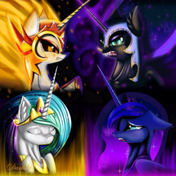 Size: 6400x6401 | Tagged: safe, artist:darksly, derpibooru import, daybreaker, nightmare moon, princess celestia, princess luna, alicorn, pony, absurd resolution, angry, ethereal mane, feelings, female, galaxy mane, horn, mare, princess, sad, wallpaper, wings