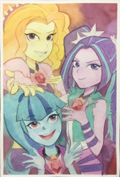 Size: 1382x2048 | Tagged: safe, artist:tyantyai_mokka, adagio dazzle, aria blaze, sonata dusk, equestria girls, clothes, female, gem, jewelry, looking at you, necklace, siren gem, the dazzlings, traditional art, trio, trio female, watercolor painting