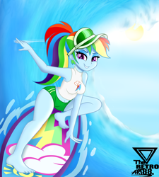 Size: 2500x2777 | Tagged: safe, artist:theretroart88, derpibooru import, rainbow dash, equestria girls, 2020, 2020s, barefoot, belly button, board shorts, breasts, clothes, confident, feet, female, high res, looking at you, ocean, ponytail, pose, purple eyes, rainboob dash, sexy, shorts, smiling, smirk, solo, sun, surfboard, surfing, tomboy, wave