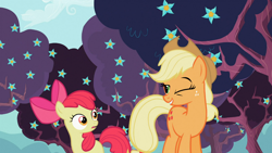 Size: 1366x768 | Tagged: safe, screencap, apple bloom, applejack, earth pony, pony, family appreciation day, flower, orchard, wink, zap apple flower, zap apple tree