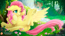 Size: 1000x563 | Tagged: safe, artist:arctic-fox, fluttershy, ladybug, pegasus, pony, beautiful, chest fluff, crepuscular rays, cute, ear fluff, featureless crotch, female, floppy ears, flower, fluffy, forest, grass, legs in air, mare, nature, on back, one eye closed, patreon, patreon logo, river, scenery, shyabetes, signature, solo, spread wings, tree, underhoof, water, waterfall