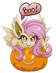 Size: 612x797 | Tagged: safe, artist:extra-fenix, fluttershy, bat pony, pony, boo, cute, flutterbat, food, halloween, jack-o-lantern, pumpkin, race swap, shyabates, shyabetes, simple background, solo, transparent background