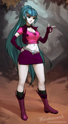 Size: 1100x2013 | Tagged: safe, artist:tarakanovich, sonata dusk, equestria girls, rainbow rocks, beautiful, belly button, boots, clothes, evening gloves, female, fingerless elbow gloves, gloves, hand on hip, long gloves, long hair, midriff, miniskirt, ponytail, shoes, side slit, skirt, smiling, solo, thighs, vest