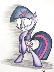 Size: 2304x3057 | Tagged: safe, artist:pelate, derpibooru import, twilight sparkle, pony, bipedal, grin, solo, traditional art