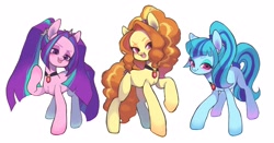 Size: 2838x1491 | Tagged: safe, artist:ikirunosindo, adagio dazzle, aria blaze, sonata dusk, earth pony, pony, female, gem, looking at you, mare, ponified, simple background, siren gem, the dazzlings, trio, trio female, white background