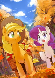 Size: 1000x1414 | Tagged: safe, artist:caibaoreturn, part of a set, applejack, rarity, earth pony, pony, unicorn, autumn, female, hat, mare, pixiv, seasons