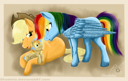 Size: 3272x2072 | Tagged: safe, artist:shadeila, applejack, rainbow dash, oc, oc:zap apple dash, earth pony, pegasus, pony, appledash, female, lesbian, magical lesbian spawn, offspring, parent:applejack, parent:rainbow dash, parents:appledash, shipping