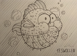 Size: 1200x889 | Tagged: safe, artist:sa1ntmax, spike, my little pony: the movie, bubble, inflation, monochrome, puffer fish, solo, species swap, spike the pufferfish, traditional art