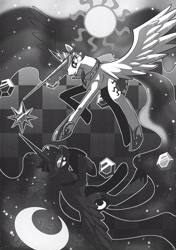 Size: 2116x3014 | Tagged: artist needed, source needed, safe, princess celestia, princess luna, alicorn, pony, abstract background, checkerboard, duo, elements of harmony, female, grayscale, lidded eyes, long horn, mare, monochrome, moon, simple background, spread wings, sun, wings