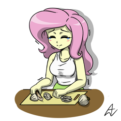 Size: 1000x1000 | Tagged: safe, artist:acesrockz, fluttershy, equestria girls, breasts, clothes, crying, cutting, cutting board, eyes closed, female, food, hootershy, knife, onion, simple background, solo, table, tanktop, teary eyes, white background