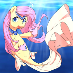 Size: 4200x4200 | Tagged: safe, artist:bauru, fluttershy, mermaid, merpony, absurd resolution, cute, hoof shoes, open mouth, shyabetes, solo, species swap, underwater, watershy