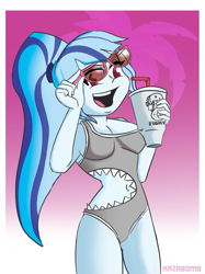 Size: 817x1090 | Tagged: safe, artist:kazabomb, sonata dusk, equestria girls, belly button, clothes, cup, drinking straw, one-piece swimsuit, red eyes, shark swimsuit, solo, straw, summer, sunglasses, swimsuit